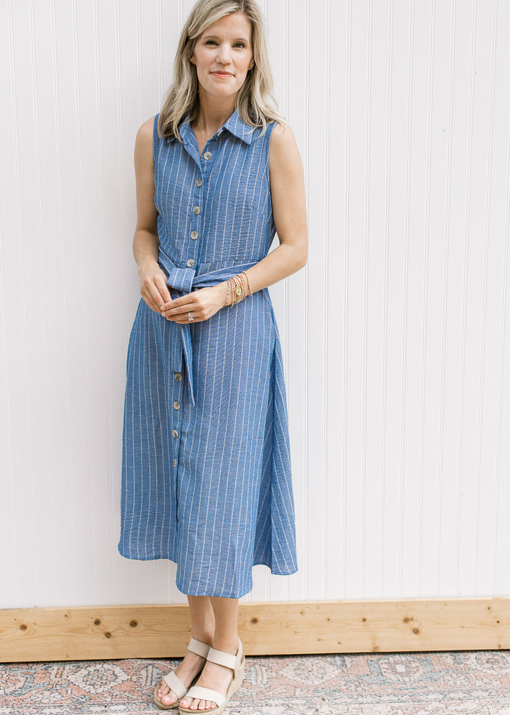 Blue Stripe Button Dress