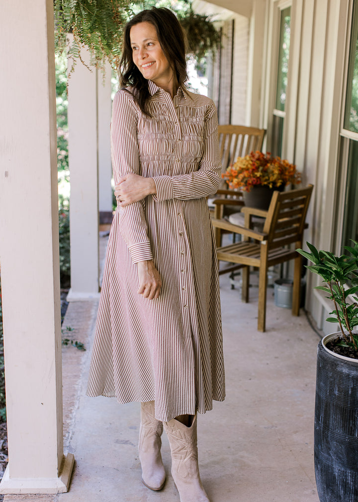 Brown Stripe Button Dress
