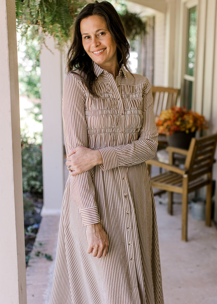 Brown Stripe Button Dress