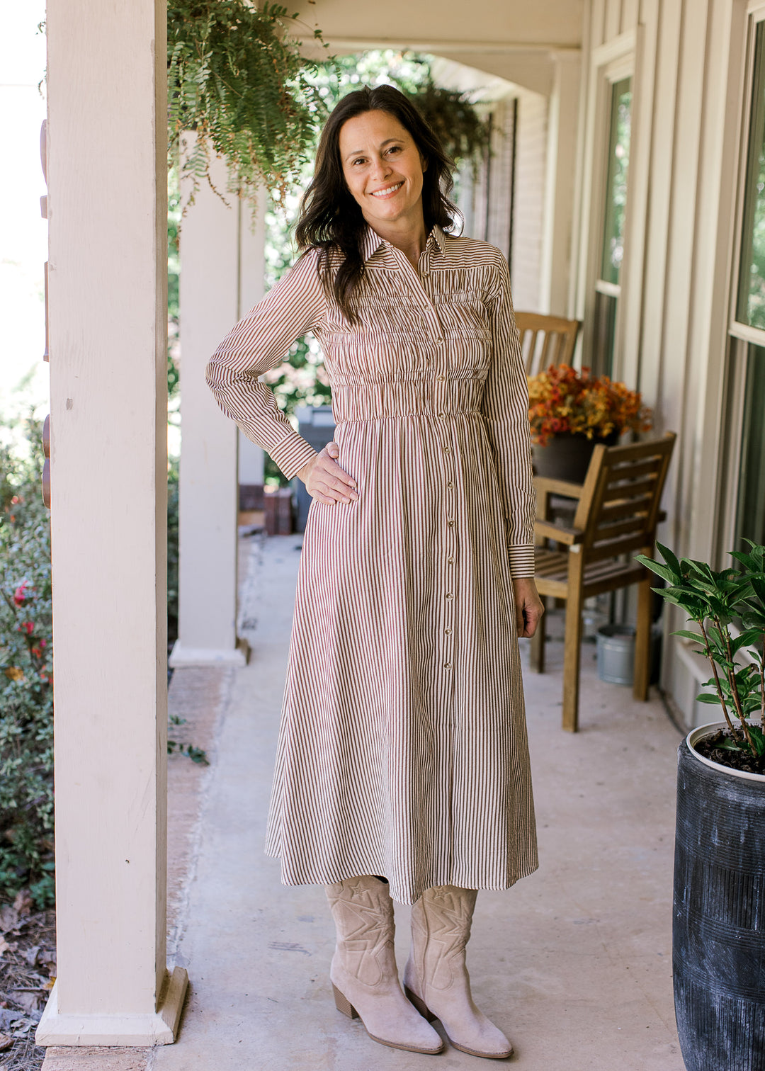 Brown Stripe Button Dress