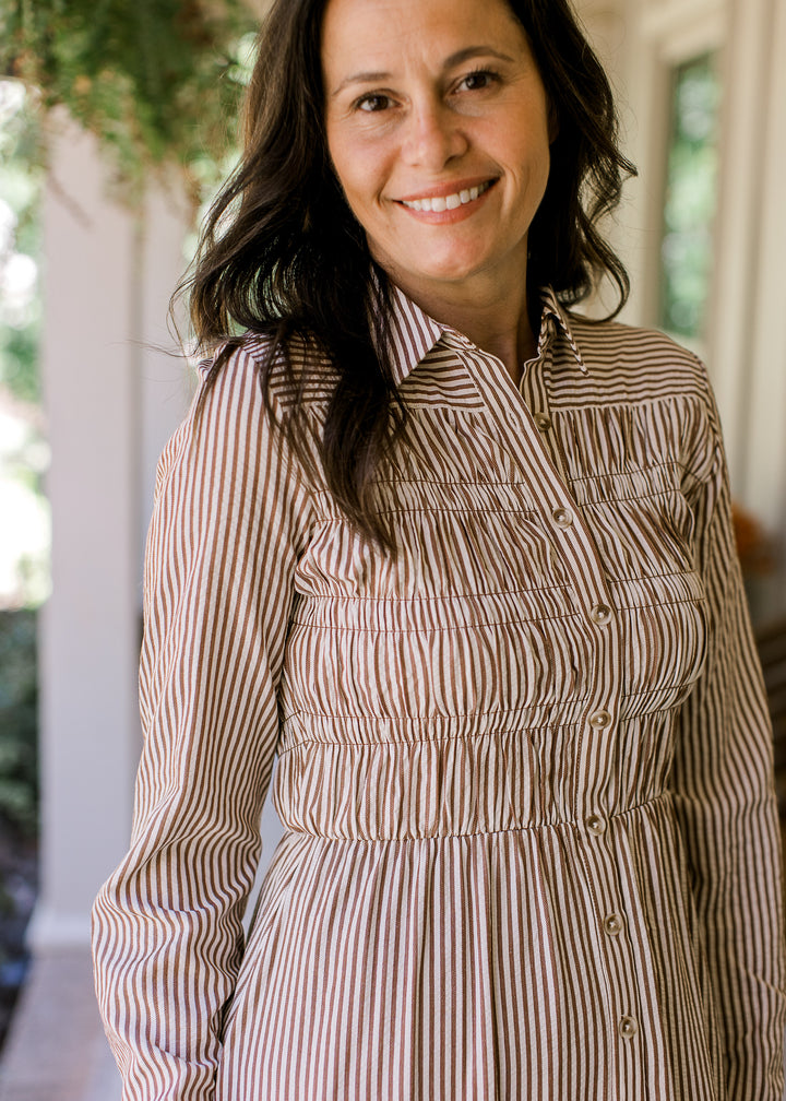 Brown Stripe Button Dress