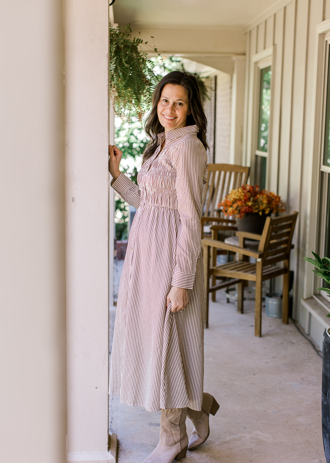 Brown Stripe Button Dress