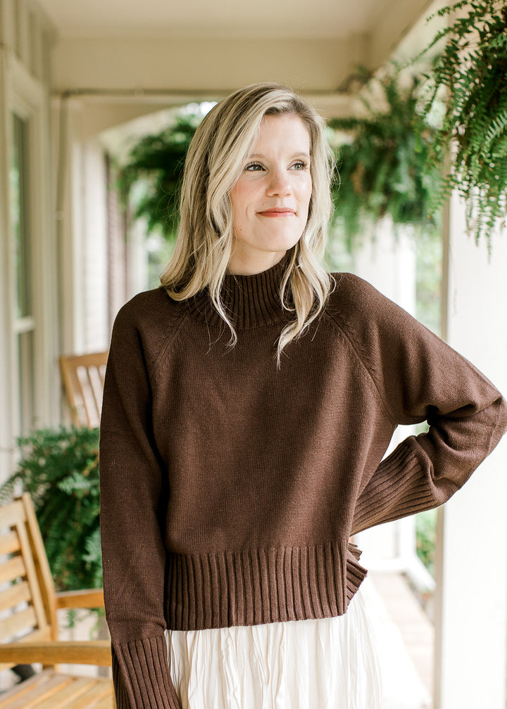 Model wearing a brown sweater with a mock neckline and long sleeves with ribbed neck, cuff and hem.