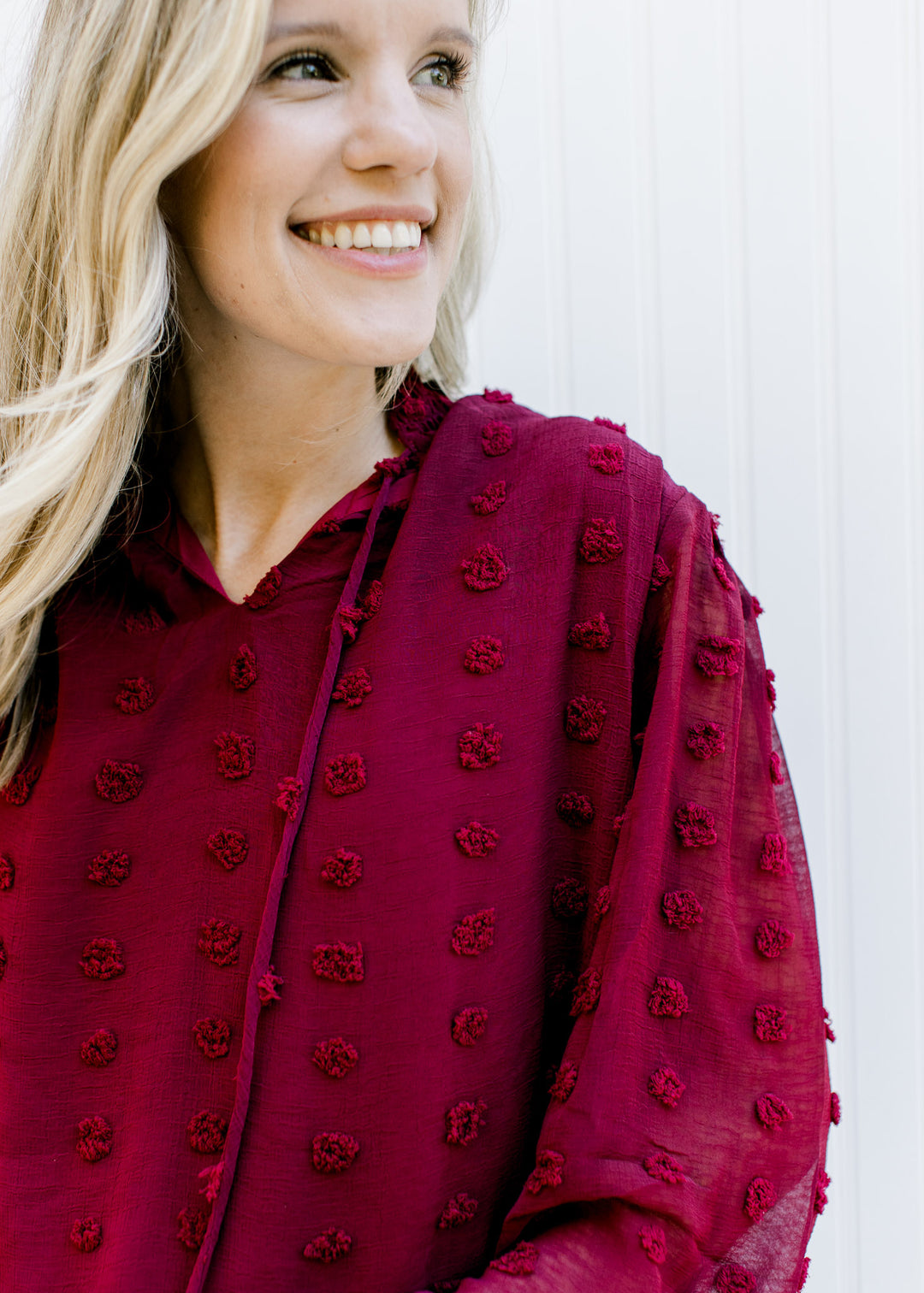 Close up of mock neck with tie on a wine dotted Swiss top with sheer long sleeves and elastic cuff.