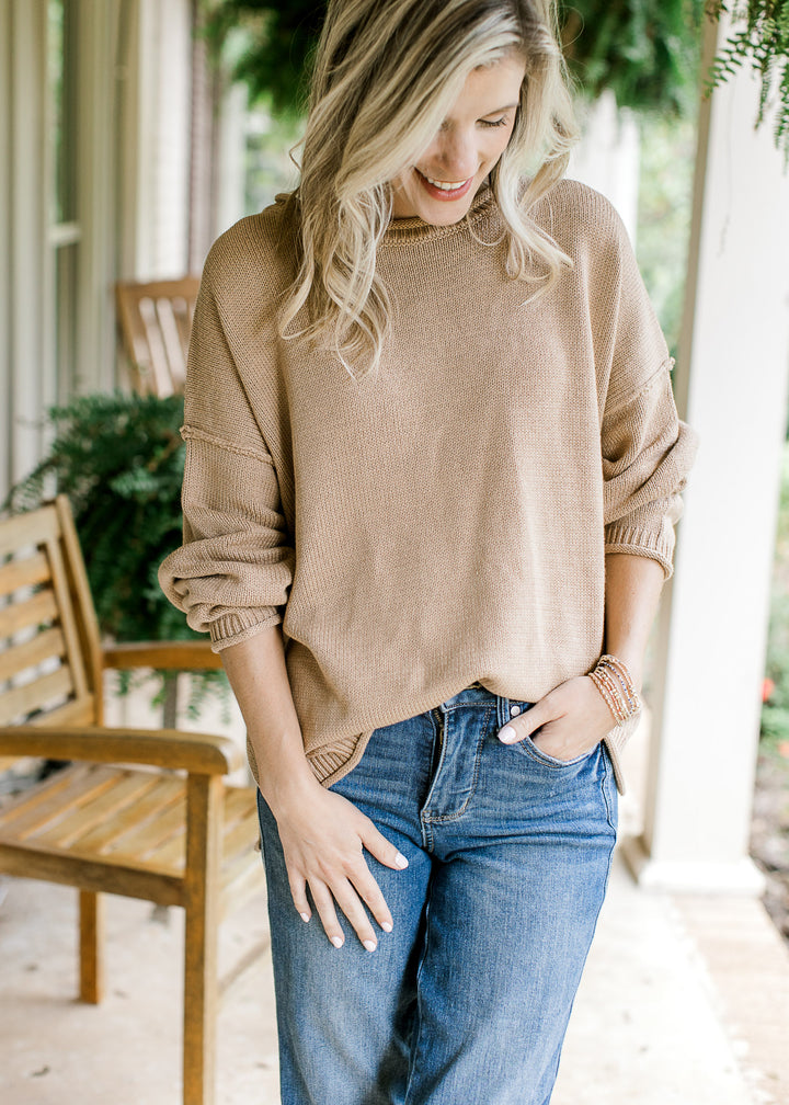 Camel Roll-Hem Sweater
