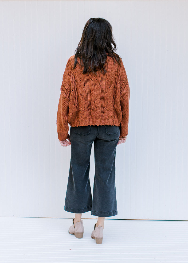 Back view of Model wearing a rust colored, cable knit sweater with a turtleneck and long sleeves.