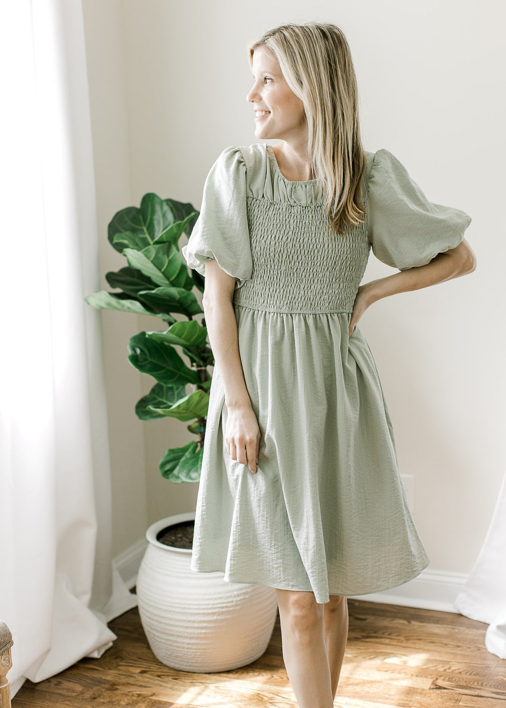 celery green dress Sage Smocked Knee-Length with Pockets Elevate your seasonal style Well Versed Pleated Mini Color:White 130gsm girls ballet leotard