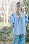 Back view of Model wearing a soft blue woven top with micro pleats at the bodice and short sleeves.