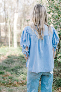 Back view of Model wearing a soft blue woven top with micro pleats at the bodice and short sleeves.