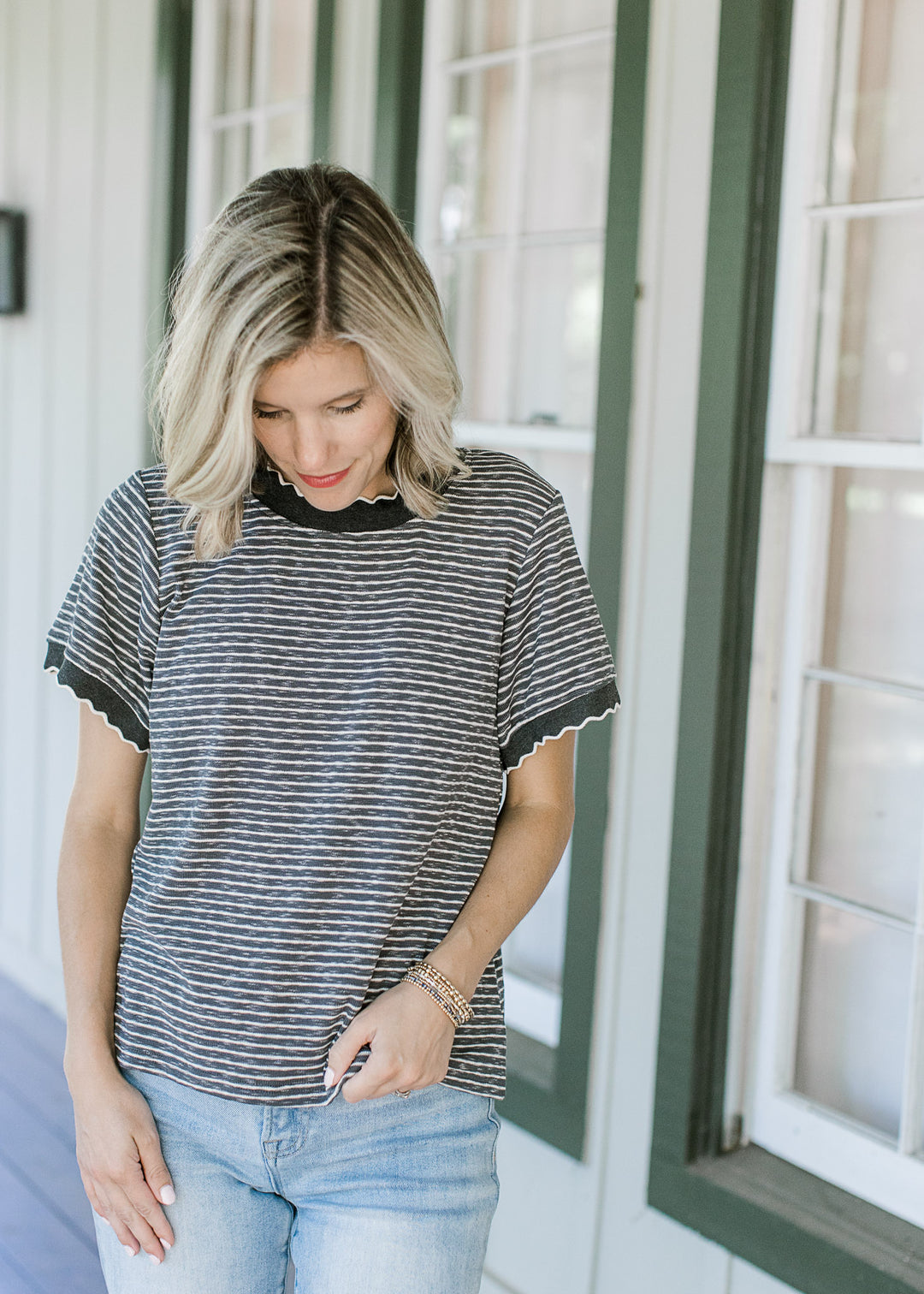 Charcoal and Ivory Scallop Tee