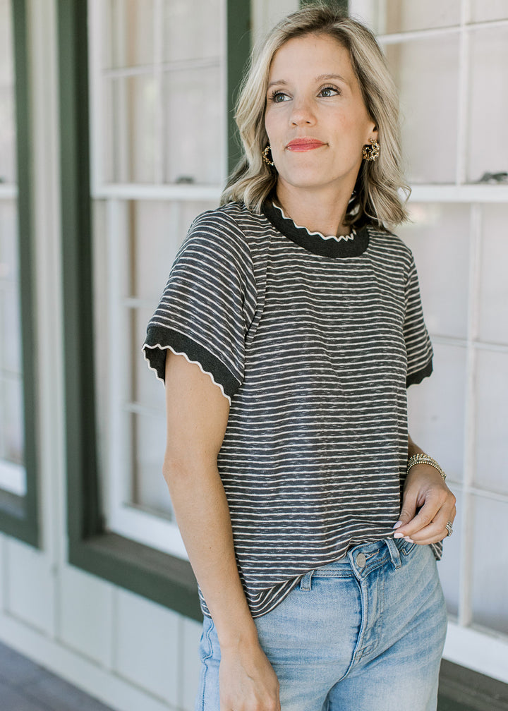 Charcoal and Ivory Scallop Tee