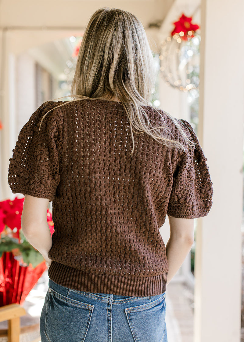 Back view of Model wearing a short sleeves sweater with a rich brown color and knit material.