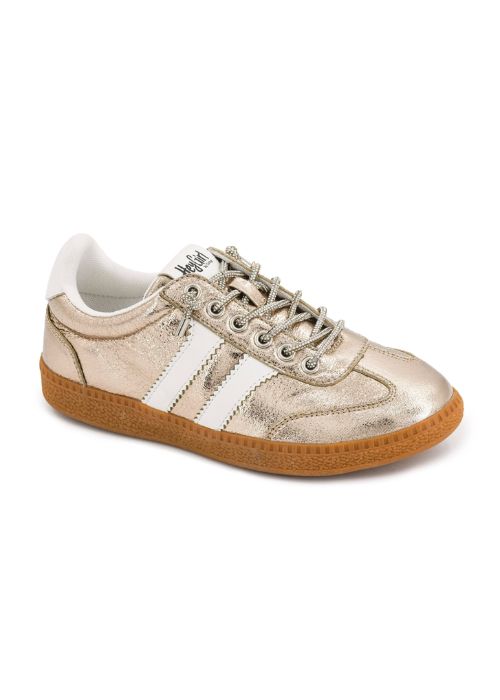 Outside view of gold retro, low-top sneakers with sparkle laces and gum rubber sole.