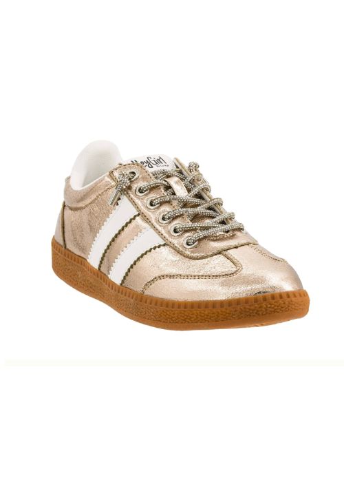 Front view of a gold retro, low-top sneakers with white stripes, sparkle laces and gum rubber sole.