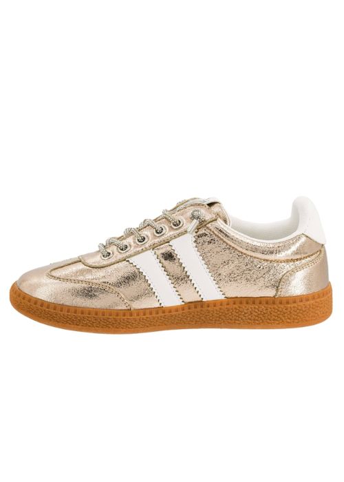 Outside of a gold retro, low-top sneakers with white stripes, sparkle laces and gum rubber sole.