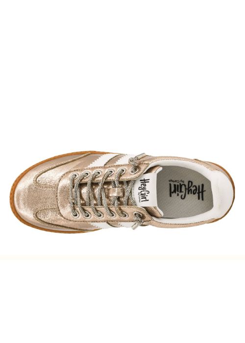 Top view of a gold retro, low-top sneakers with white stripes, sparkle laces and gum rubber sole.