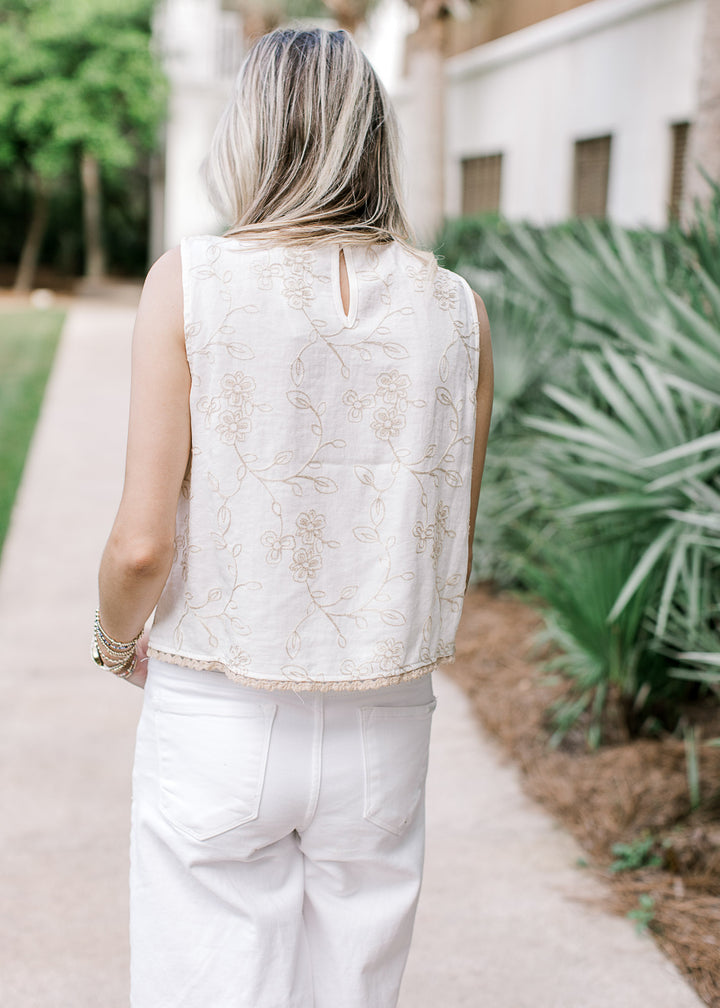 Back view of Model wearing an ivory \ top with tan floral, keyhole and tan scalloped trim.