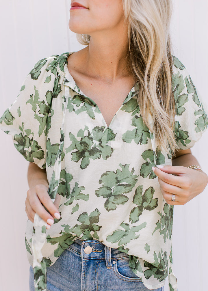 Cream Green Floral Top