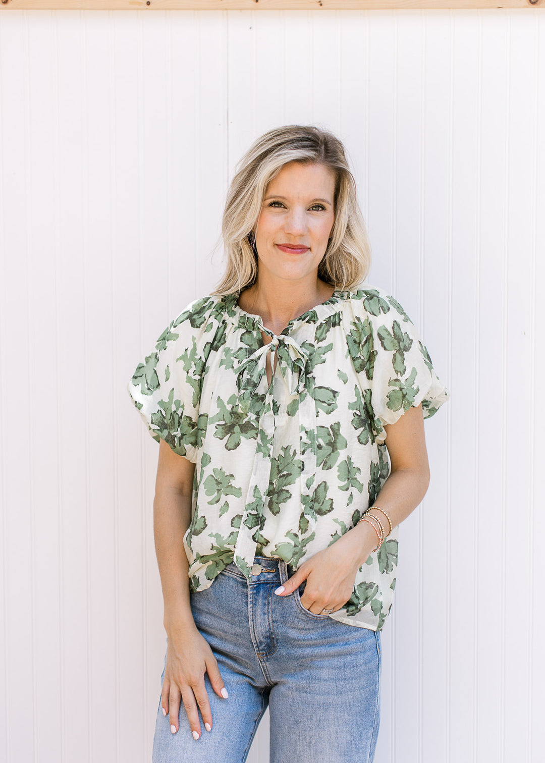 Cream Green Floral Top