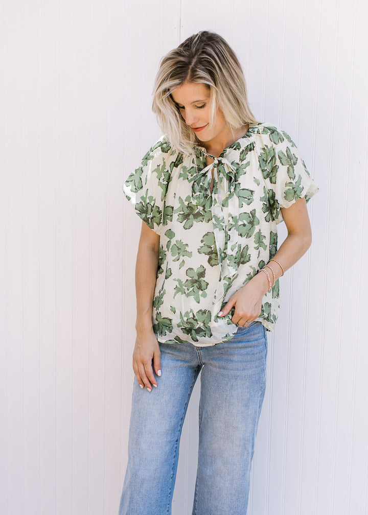 Cream Green Floral Top
