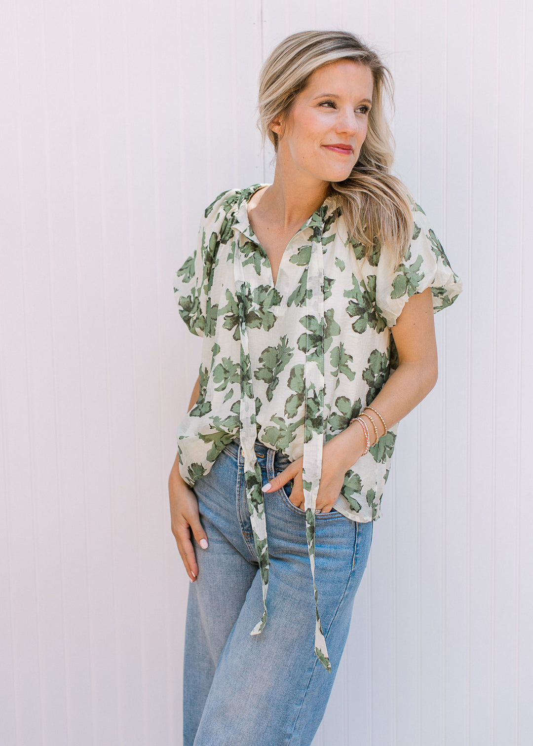 Cream Green Floral Top