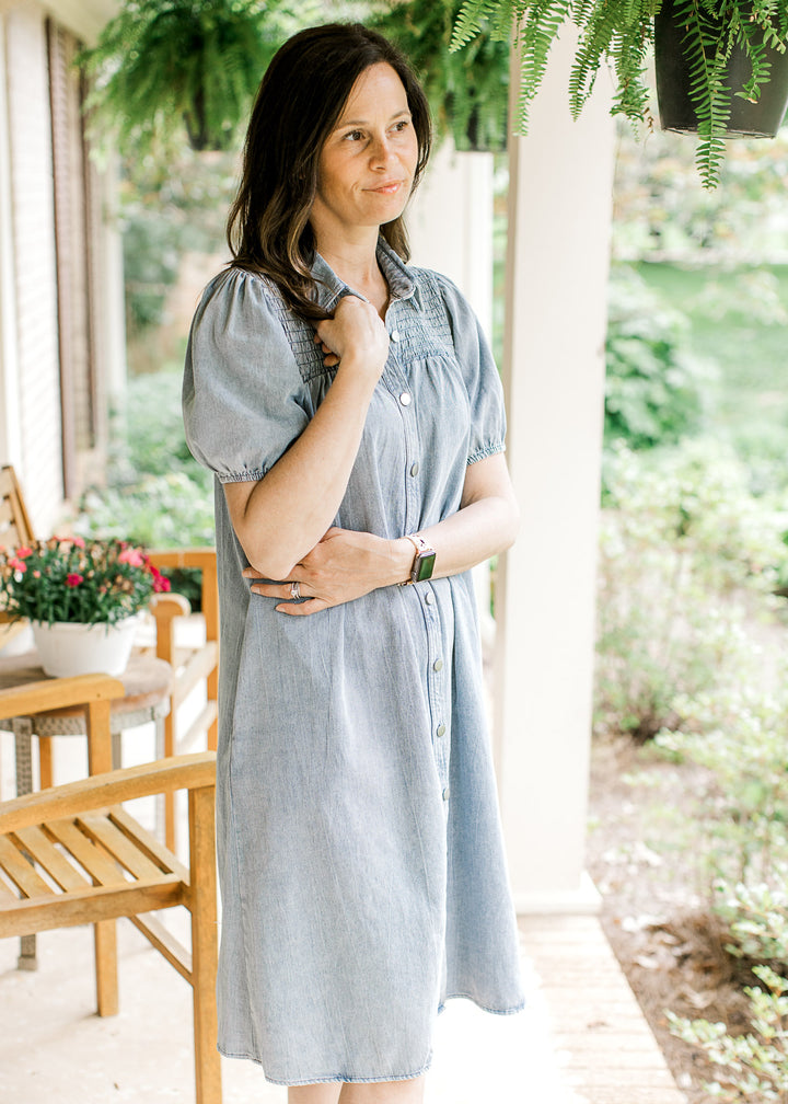 Model wearing a light denim dress with bubble short sleeves, smocked yoke and a button front.