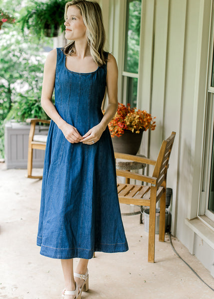 Dark Denim Midi Dress | Smocked Back & Scoop Neck