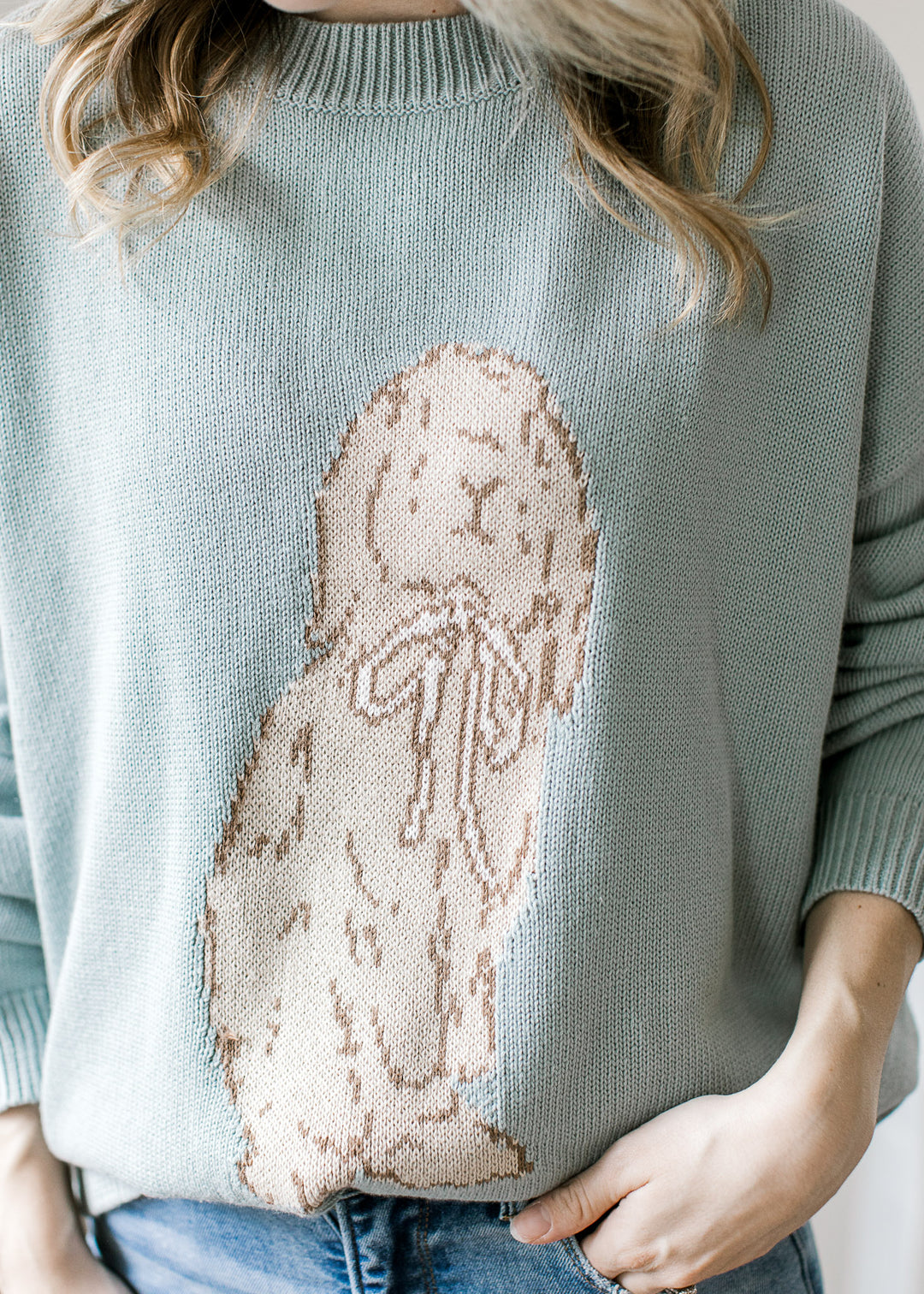Close up of taupe bunny wearing a bow on the front of a blue-green sweater with long sleeves. 