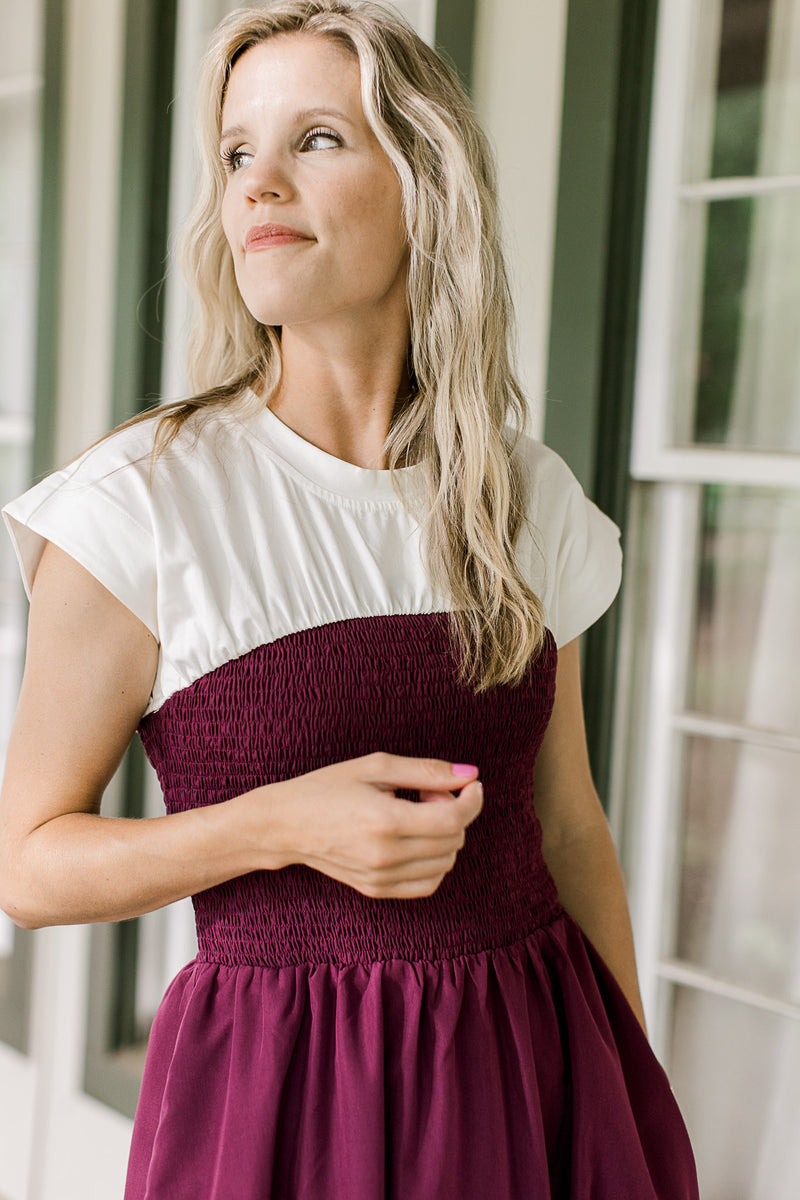 Close up of smocked bodice and cap short sleeves on a plum dress with a white yolk.