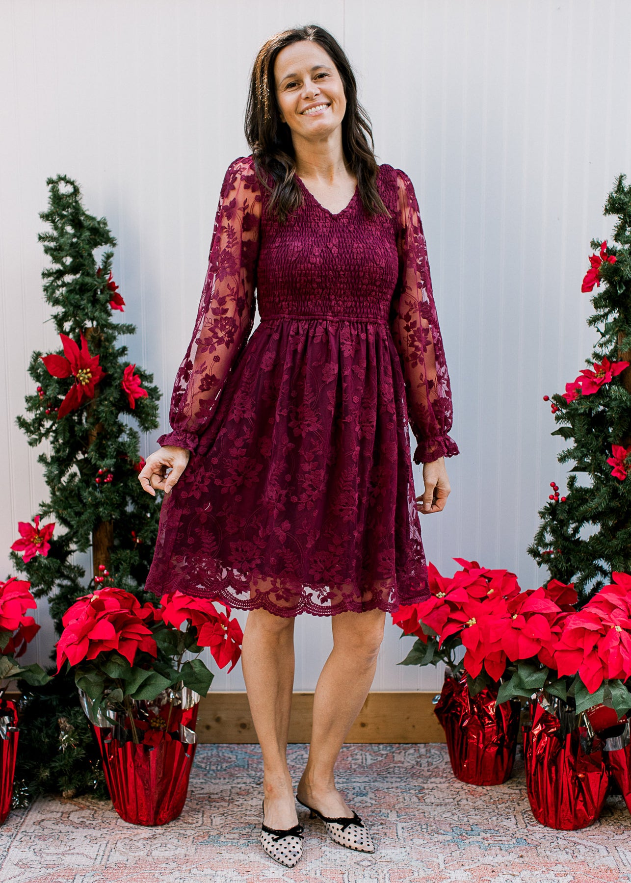 burgundy winter dress Wool Midi Long Sleeve Fit and Flare Burgundy / XS Elegant burgundy wool blend midi dress with long sleeves Burgundy Wool Winter Dress -