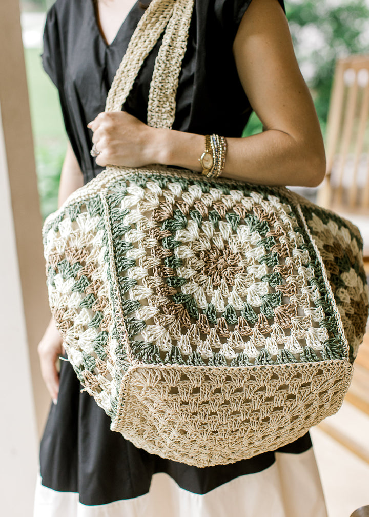 Granny Square Straw Tote