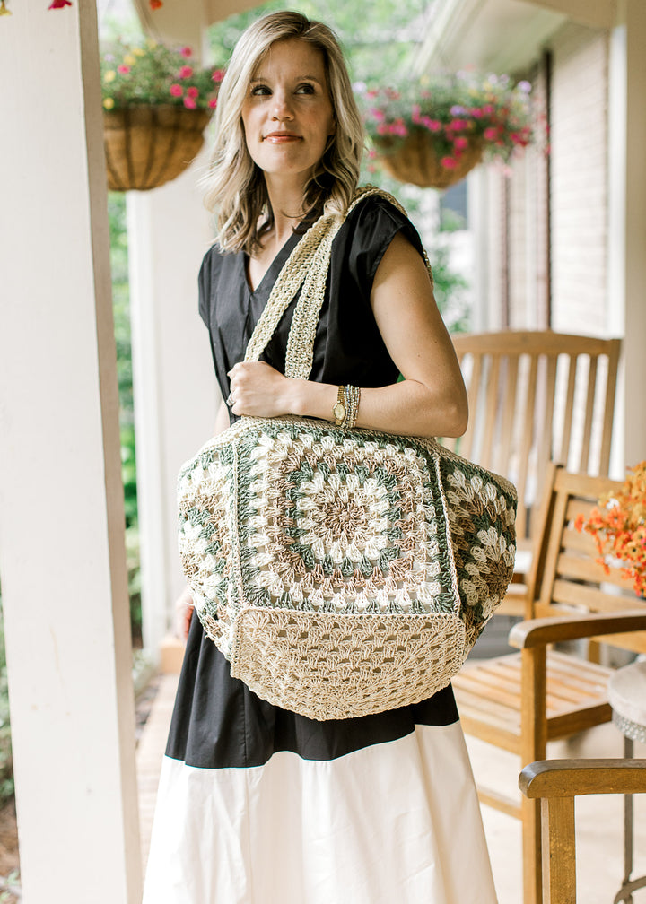 Granny Square Straw Tote