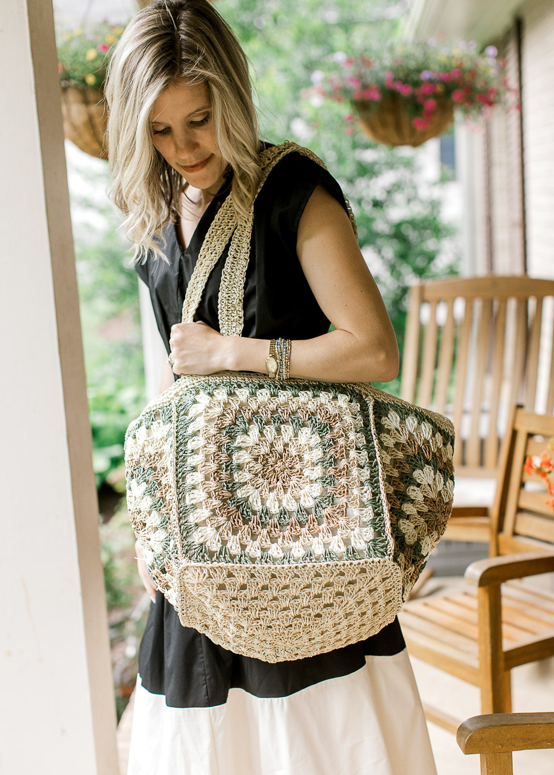 Granny Square Straw Tote