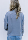 Back view of Model wearing a blue/gray sweater with an extended shoulder and acrylic material. 