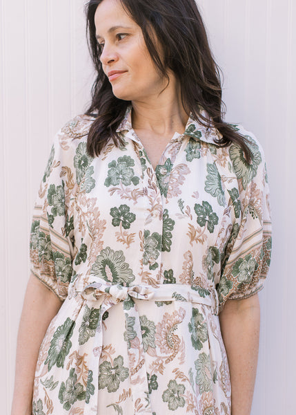 green cream dress Vintage 1940's Cream and Green Floral Folk Peasant Dress, Size Small