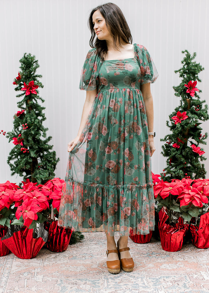 Green and Rose Layered Floral dress