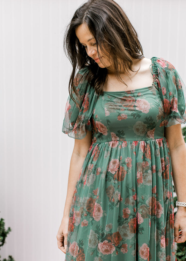 Green and Rose Layered Floral dress