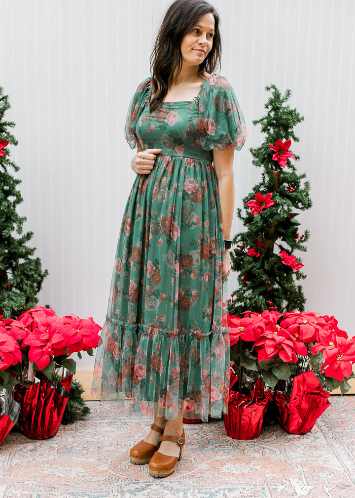 Green and Rose Layered Floral dress