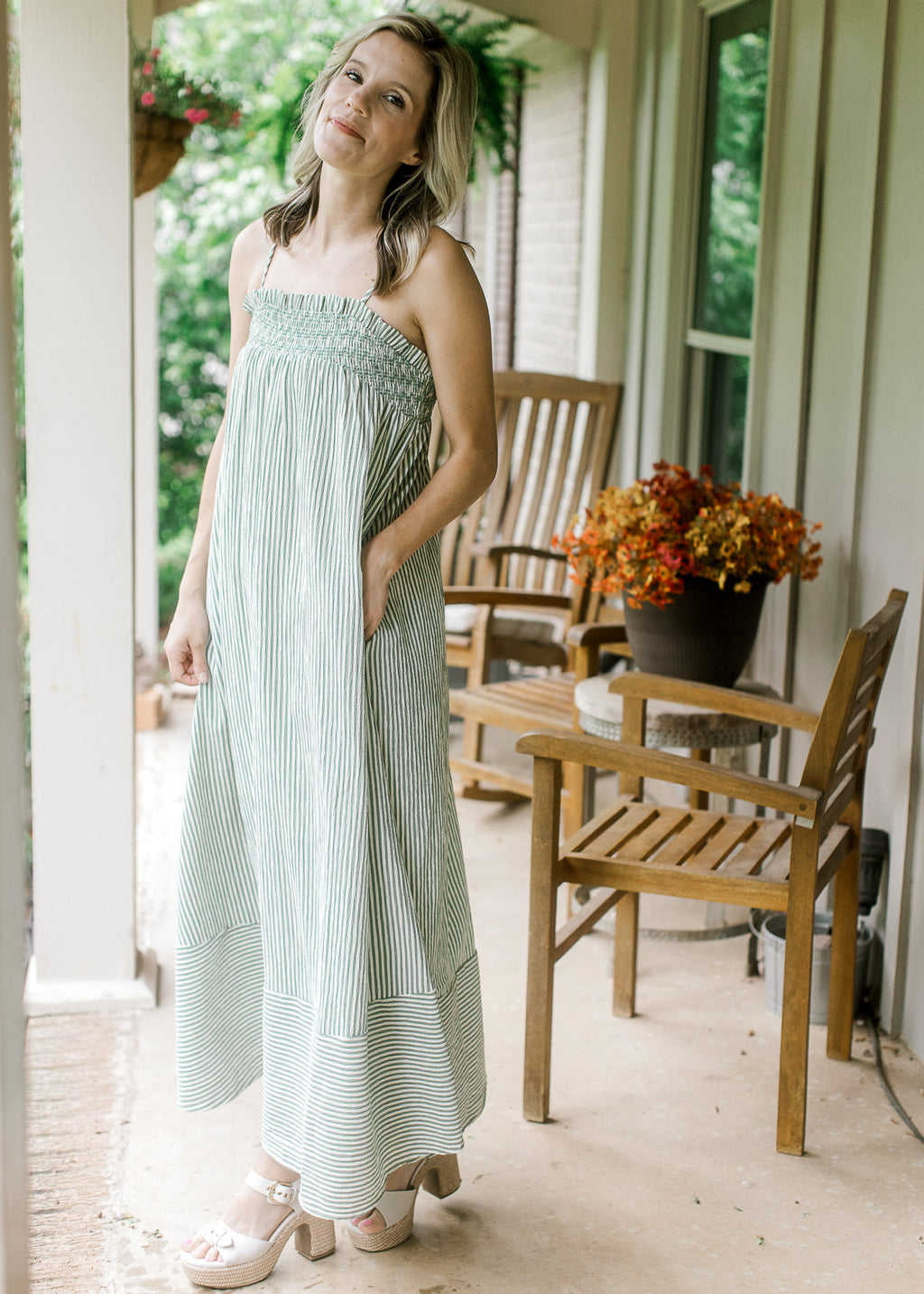 Green & Cream Stripe Spaghetti Strap Maxi Dress with Pockets