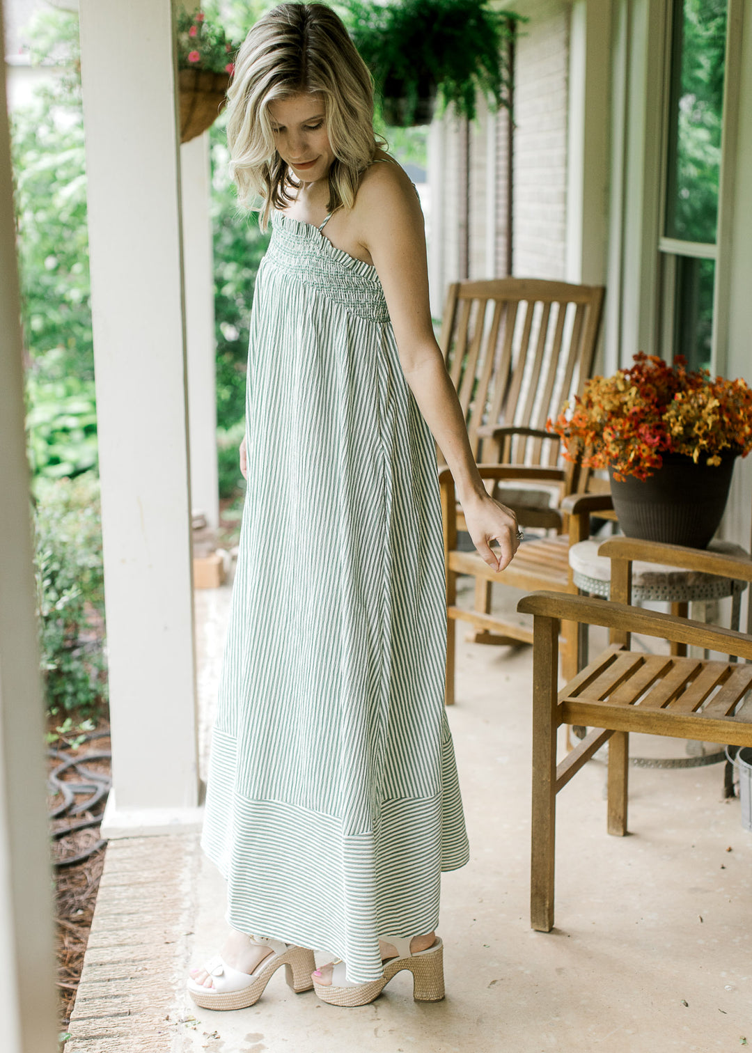 Green & Cream Stripe Spaghetti Strap Maxi Dress with Pockets