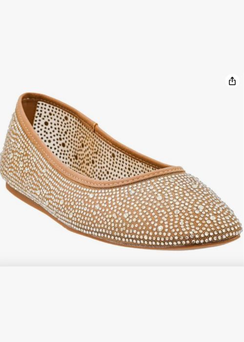 Front/outside view of tan mesh ballet flats with rhinestone and a lightly cushioned insoles. 