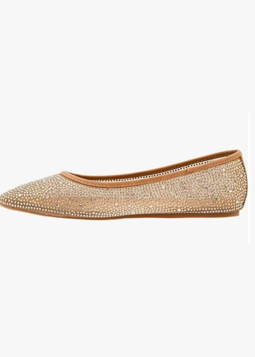 Inside view of tan mesh ballet flats with rhinestone and a lightly cushioned insoles. 