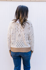 Back view of Model wearing a cream sweater with stitched colorful flowers and long sleeves.