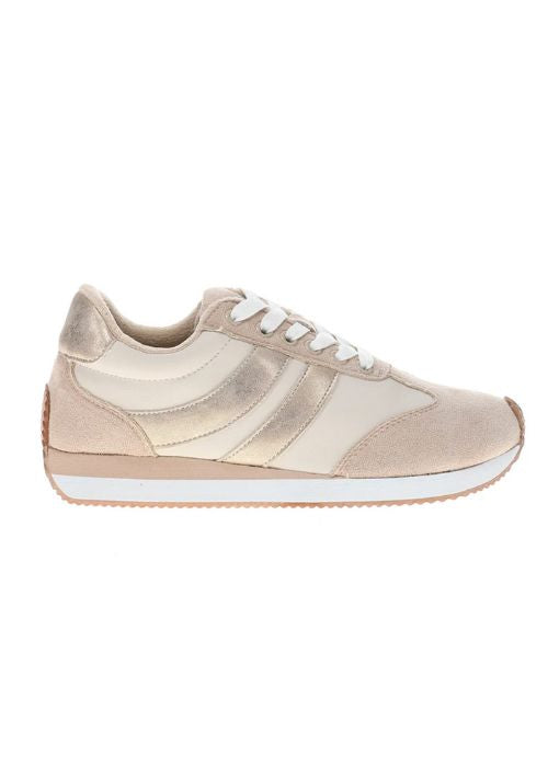 Outside view of a sand color sneaker with faux suede upper, laces and a rubber outsole. 