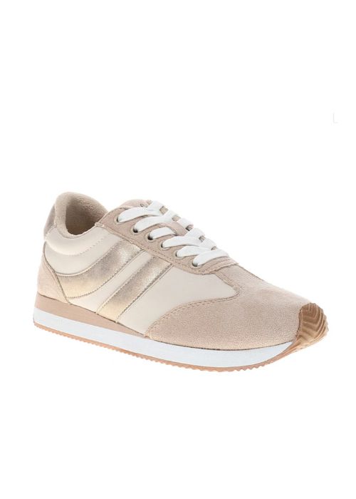 Front view of a sand color sneaker with faux suede upper, laces and a rubber outsole. 
