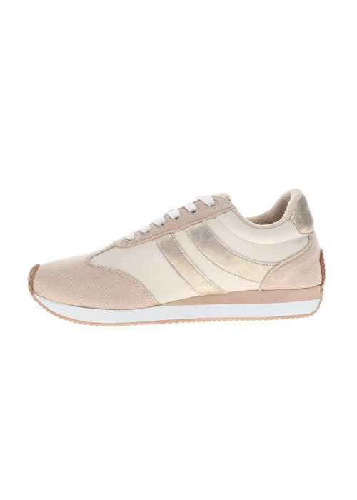Inside view of a sand color sneaker with faux suede upper, laces and a rubber outsole. 