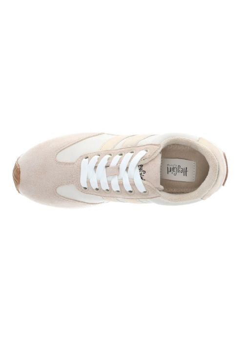 Top view of a sand color sneaker with faux suede upper, laces and a rubber outsole. 
