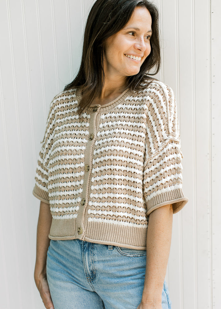 Khaki White Stripe S/S Cardi