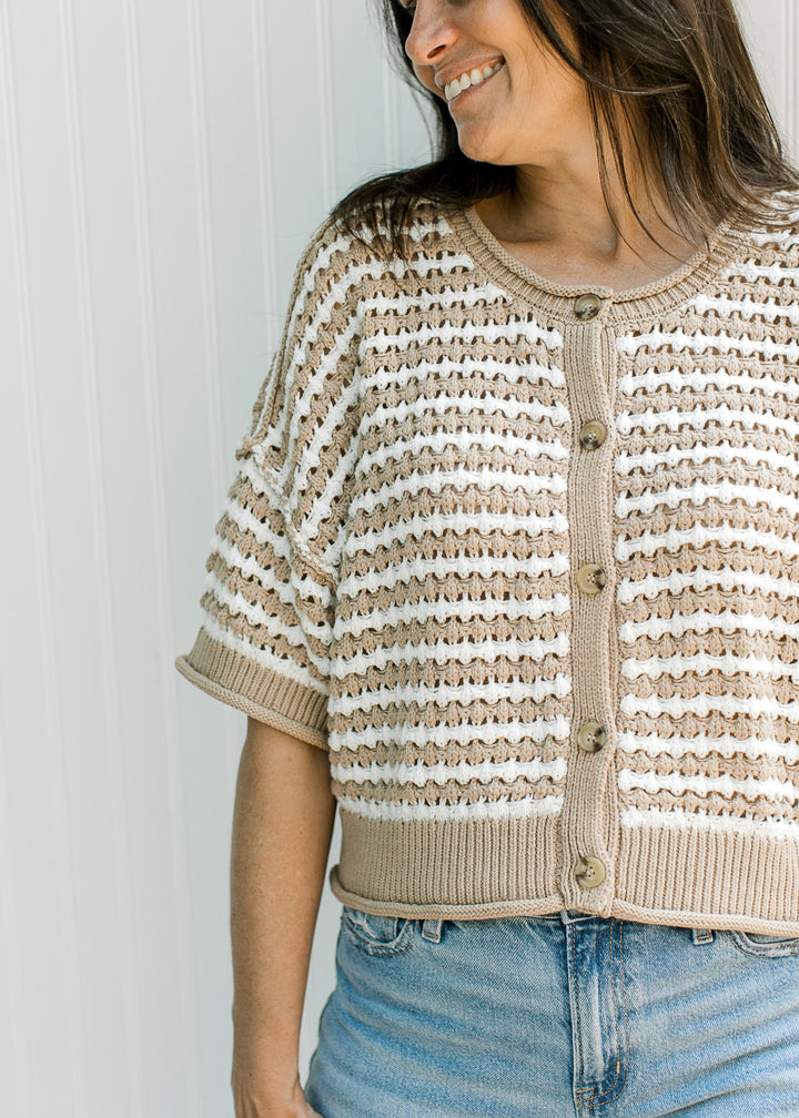 Khaki White Stripe S/S Cardi