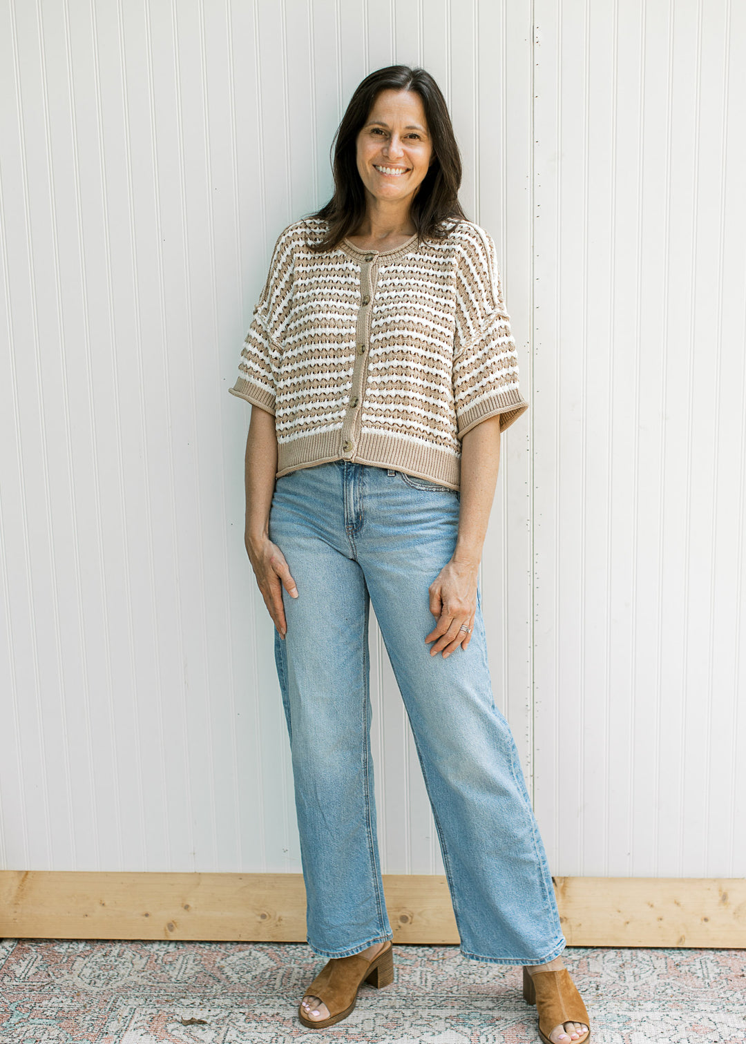 Khaki White Stripe S/S Cardi